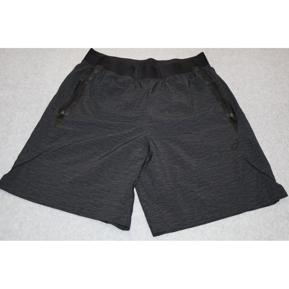 ASICS Lined Running Shorts Mens Medium Black Gray Heathered Pockets 8" Inseam